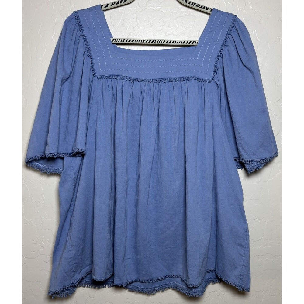 Chicos Size 3 US 16 Blue Square Neck Babydoll Tunic Top Boho Cotton